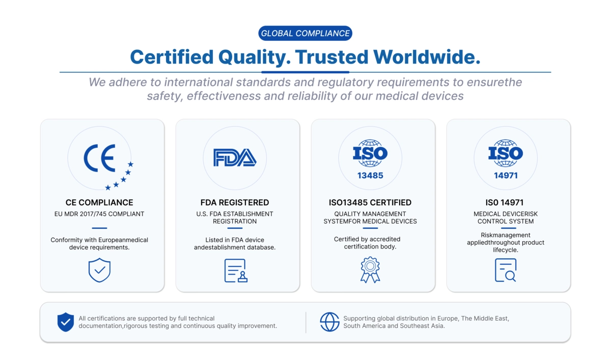 CE FDA and ISO 13485 certification badges for medical device compliance CE FDA and ISO 13485 certification badges for medical device compliance