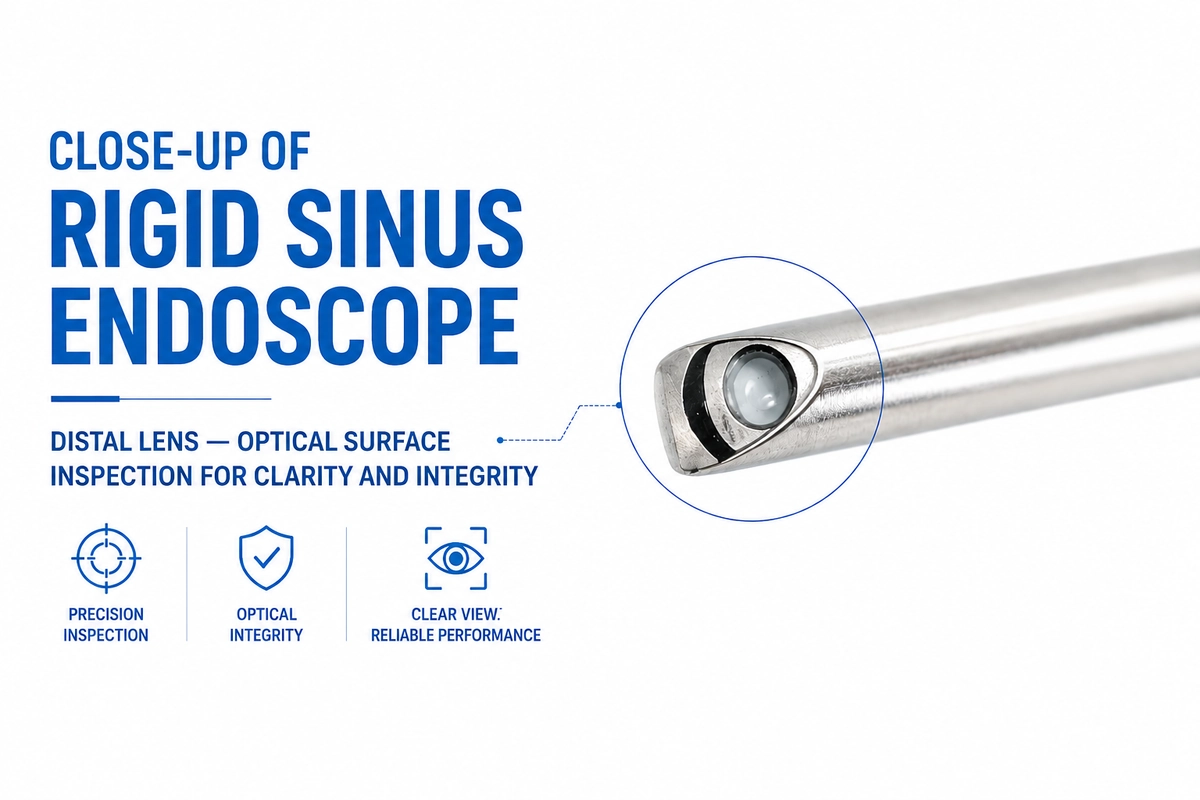 Close-up of rigid sinus endoscope distal lens optical surface inspection for clarity and integrity Close-up of rigid sinus endoscope distal lens optical surface inspection for clarity and integrity